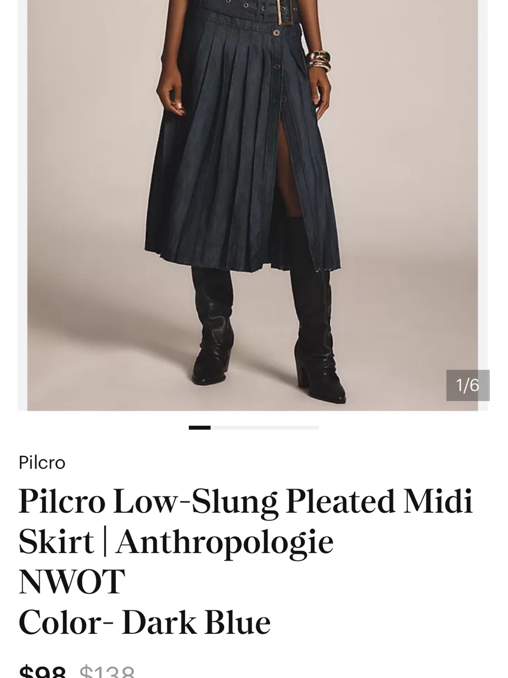 Pilcro Dark Blue Button-Front Pleated Midi Skirt - Picture 1 of 5